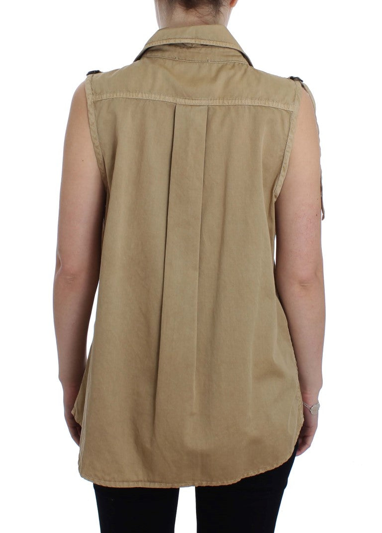 Beige Cotton Sleeveless Shirt