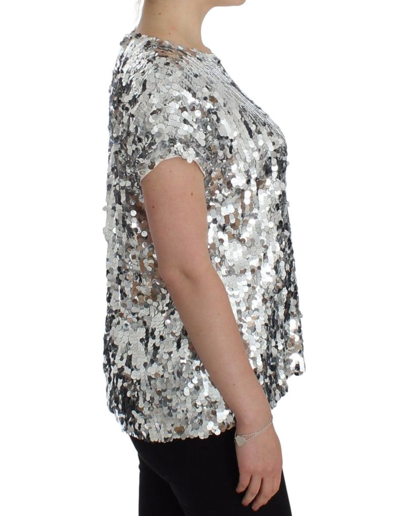 Silver Sequined Crewneck Blouse T-shirt Top