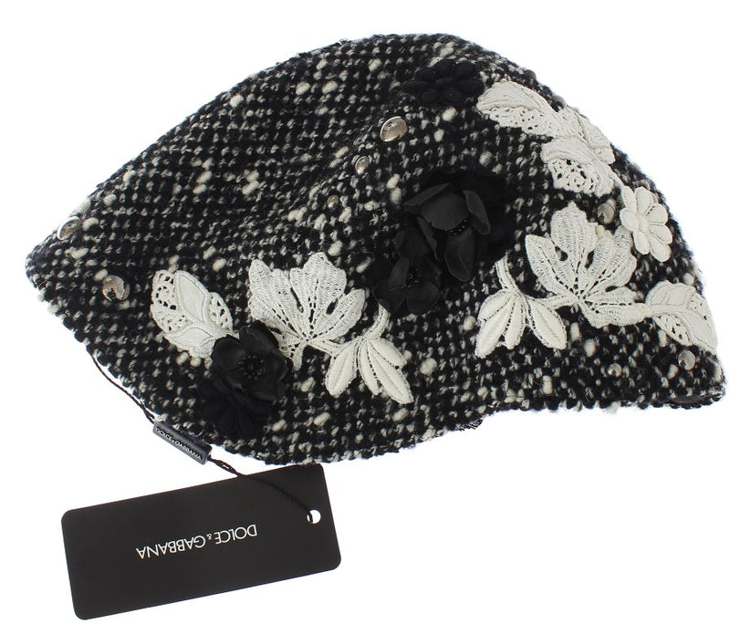 Gray Wool Floral Lace Studded Cloche Hat