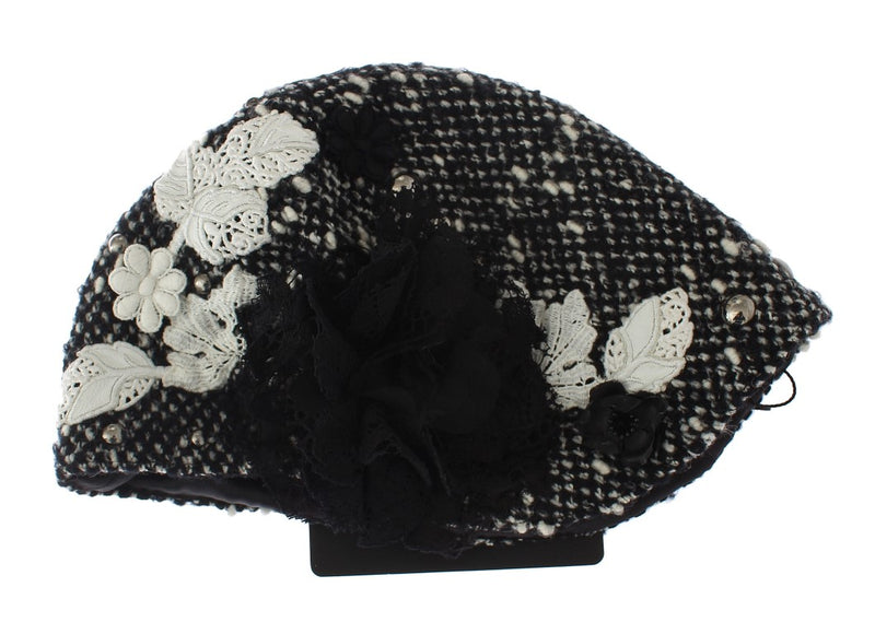 Gray Wool Floral Lace Studded Cloche Hat