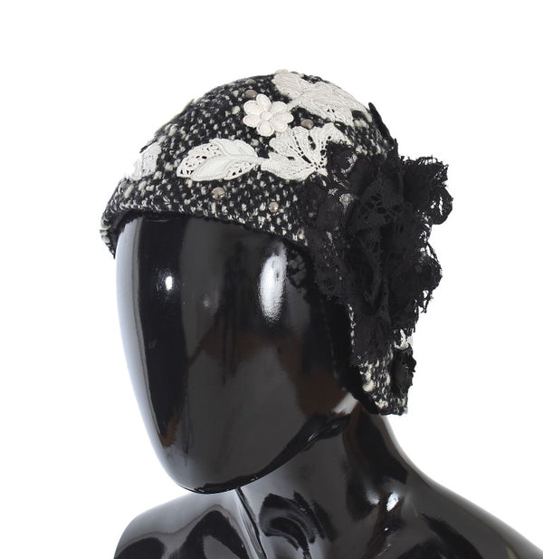 Gray Wool Floral Lace Studded Cloche Hat