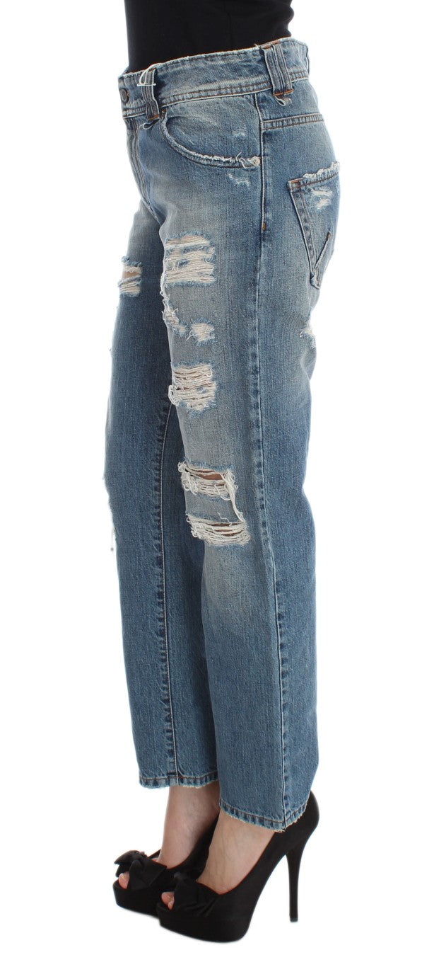 Blue Wash Cotton Boyfriend Fit Cropped Jeans