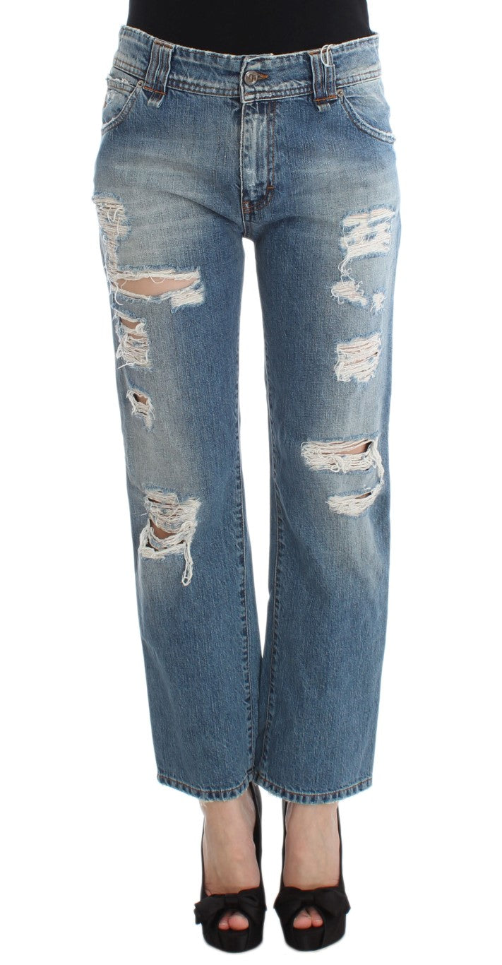 Blue Wash Cotton Boyfriend Fit Cropped Jeans