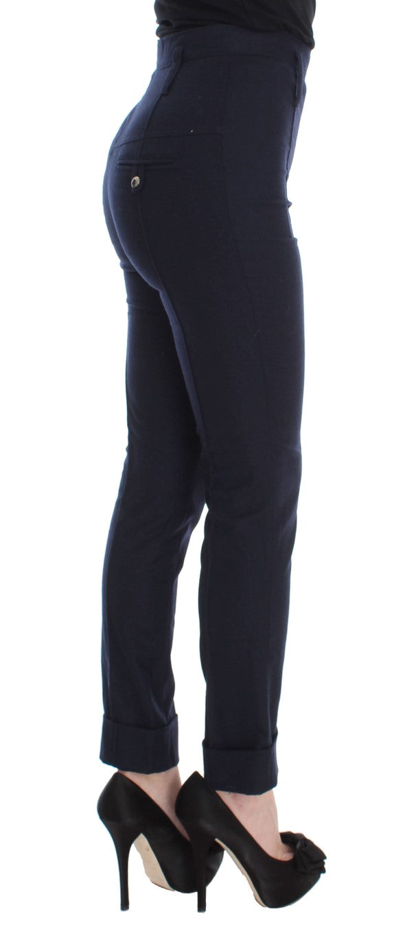 Blue Virgin Wool Slim Fit Casual Pants