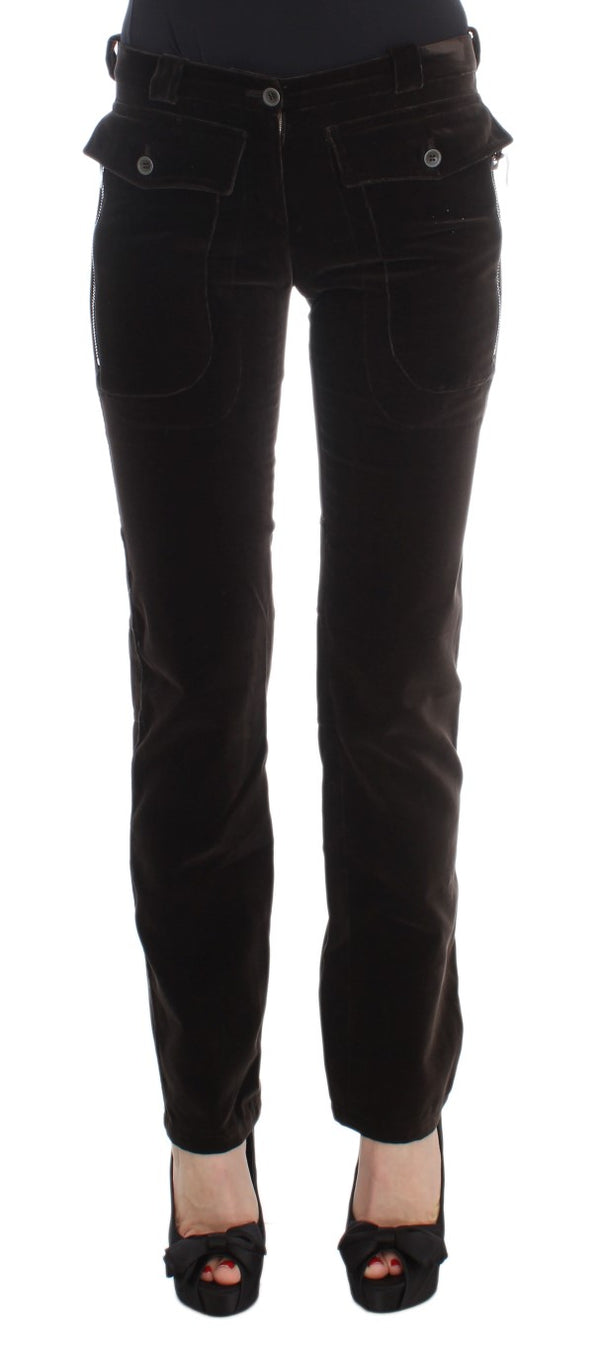 Brown Cotton Velvet Zippers Slim Fit Pants