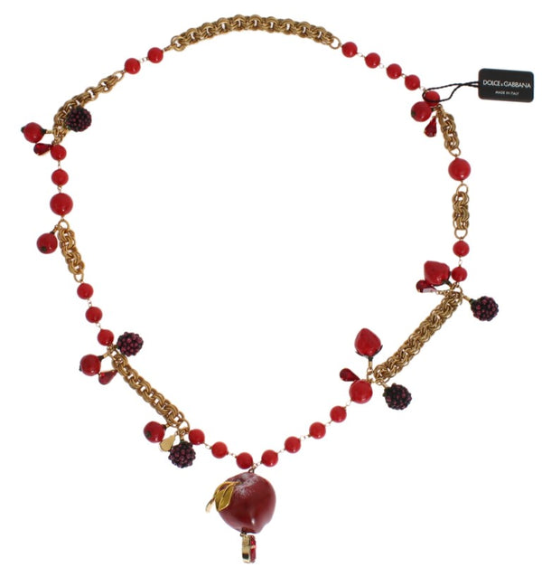 Gold Red Apple Fruit Crystal Charms Necklace