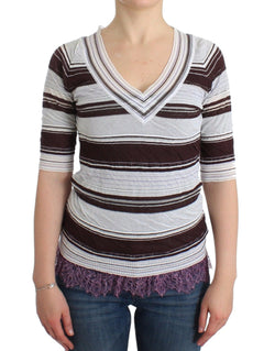 Striped Lace V-Neck Short Sleeve Top Sweater