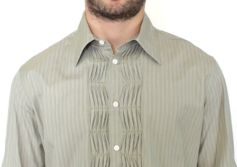 Green Striped Cotton Casual Long Sleeve Shirt