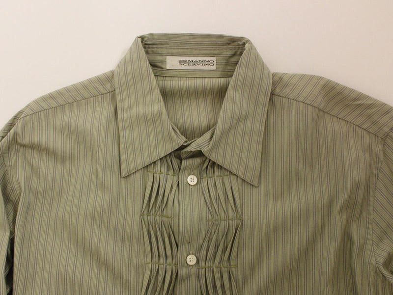 Green Striped Cotton Casual Long Sleeve Shirt