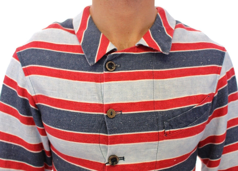 Blue Red Striped Runway Casual Linen Shirt