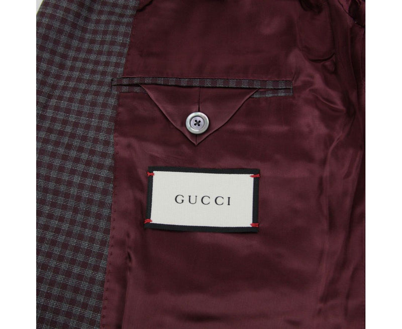 Gucci Men's 2 Buttons Grey / Burgundy Vichy Wool Gauze Jacket