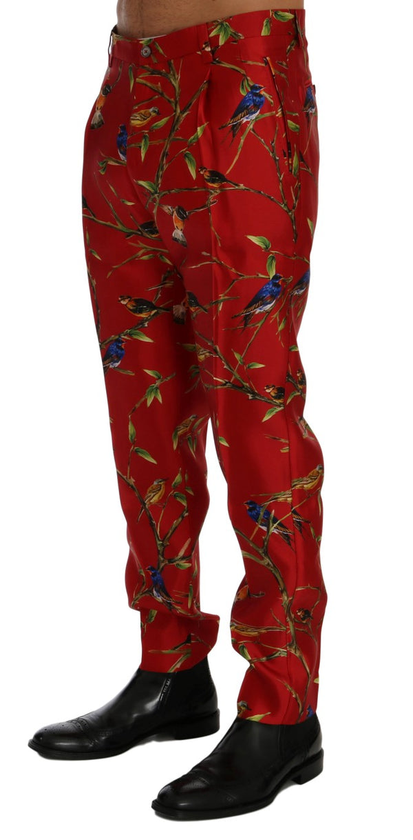 Red Silk Bird Print Dress Pants