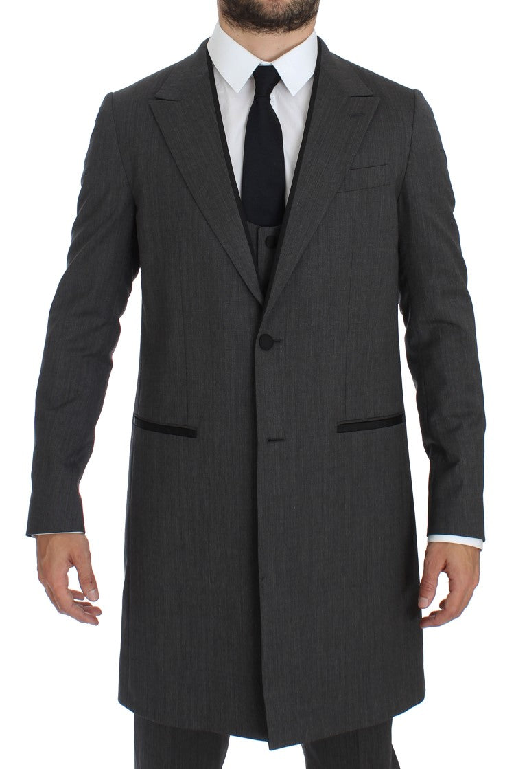 Gray Wool Stretch 3 Piece Long Blazer Suit