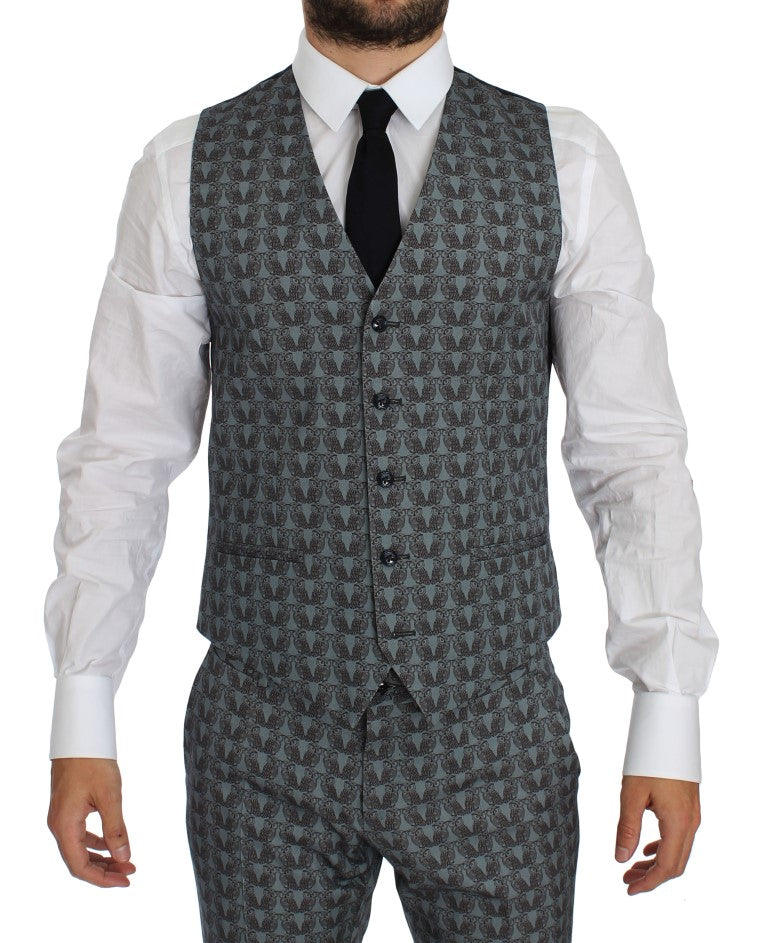 Blue Wool Owl Print Slim Fit 3 Piece Suit