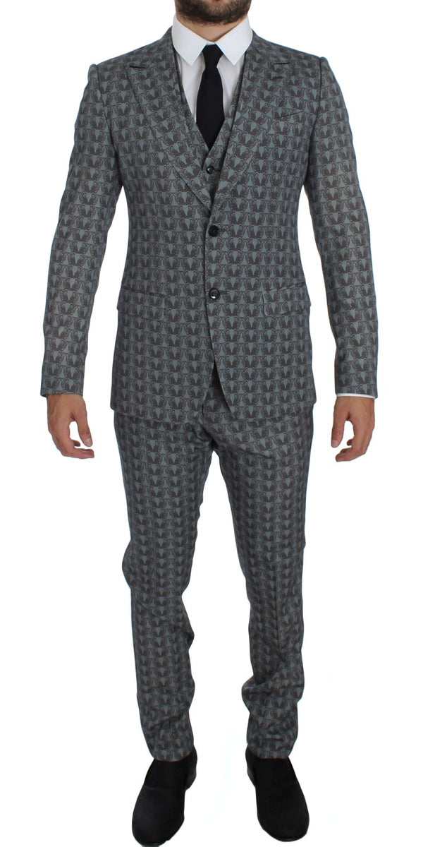 Blue Wool Owl Print Slim Fit 3 Piece Suit