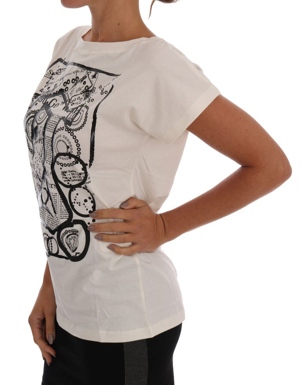 White Cotton Stretch Motive Print T-Shirt