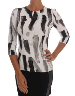 White Black Striped Printed Blouse Top