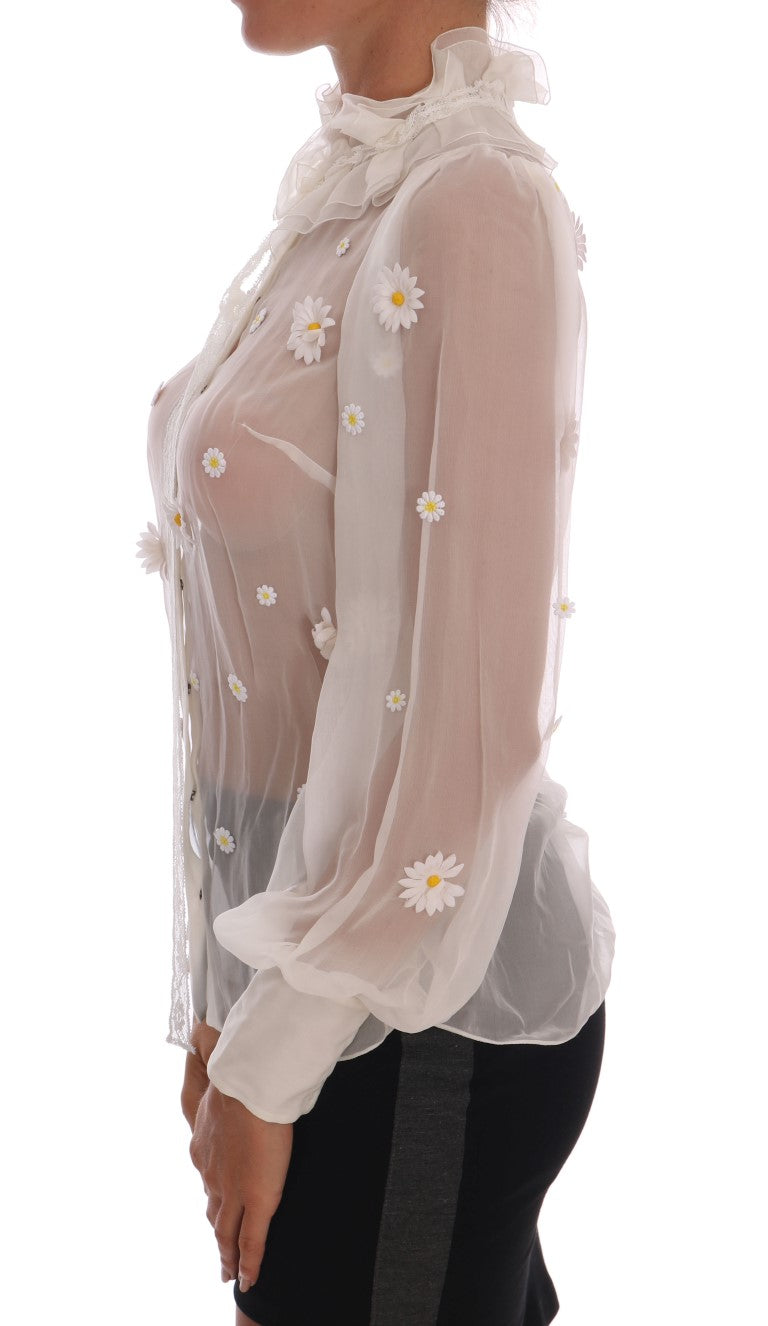 White Daisy Applique Silk Shirt