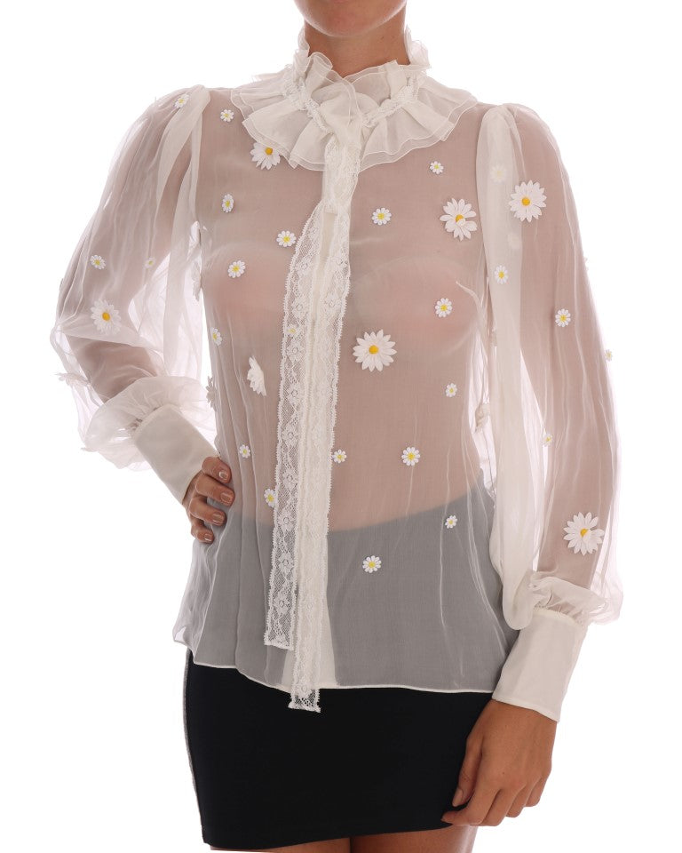 White Daisy Applique Silk Shirt