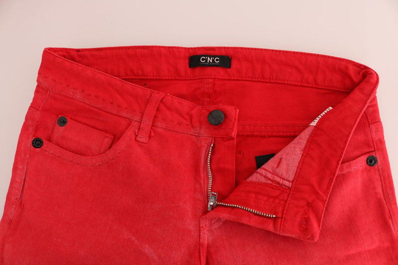 Red Cotton Stretch Slim Jeans