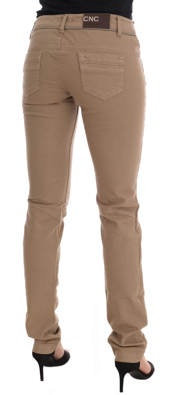 Beige Cotton Stretch Slim Fit Jeans