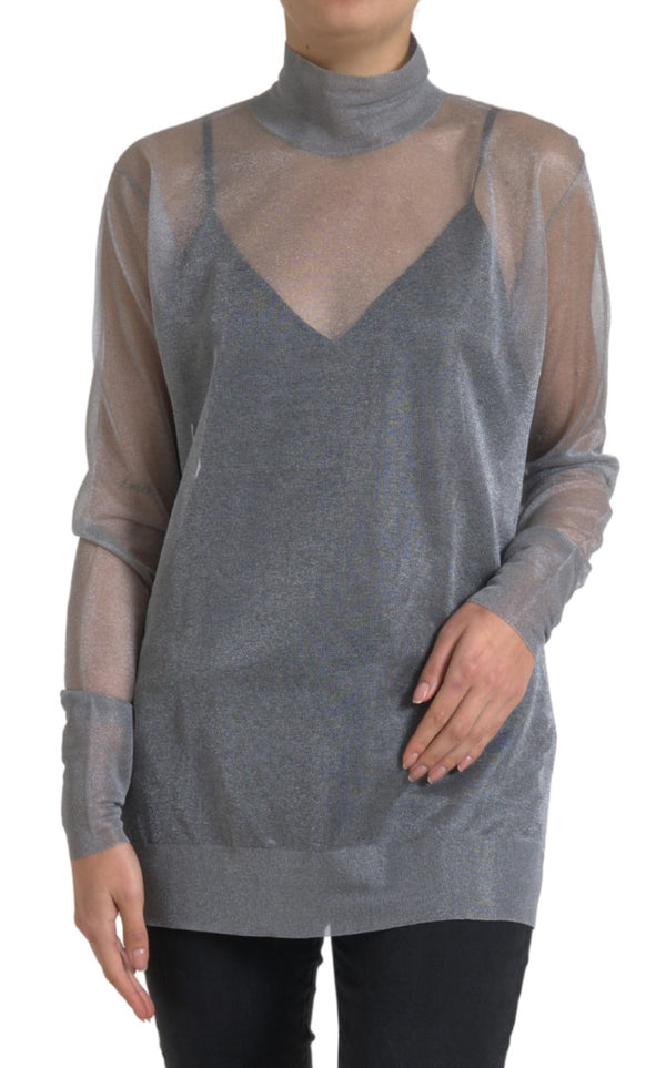 Gray Mesh Turtleneck Long Sleeve Blouse Top