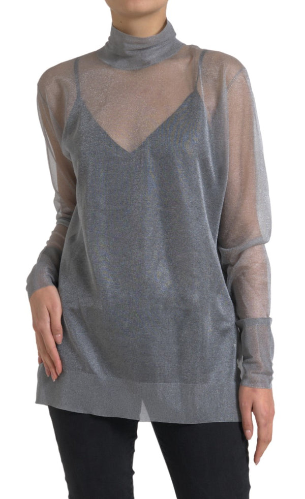 Gray Mesh Turtleneck Long Sleeve Blouse Top