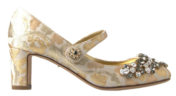 Gold Brocade Crystal Block Heel Sandals Shoes