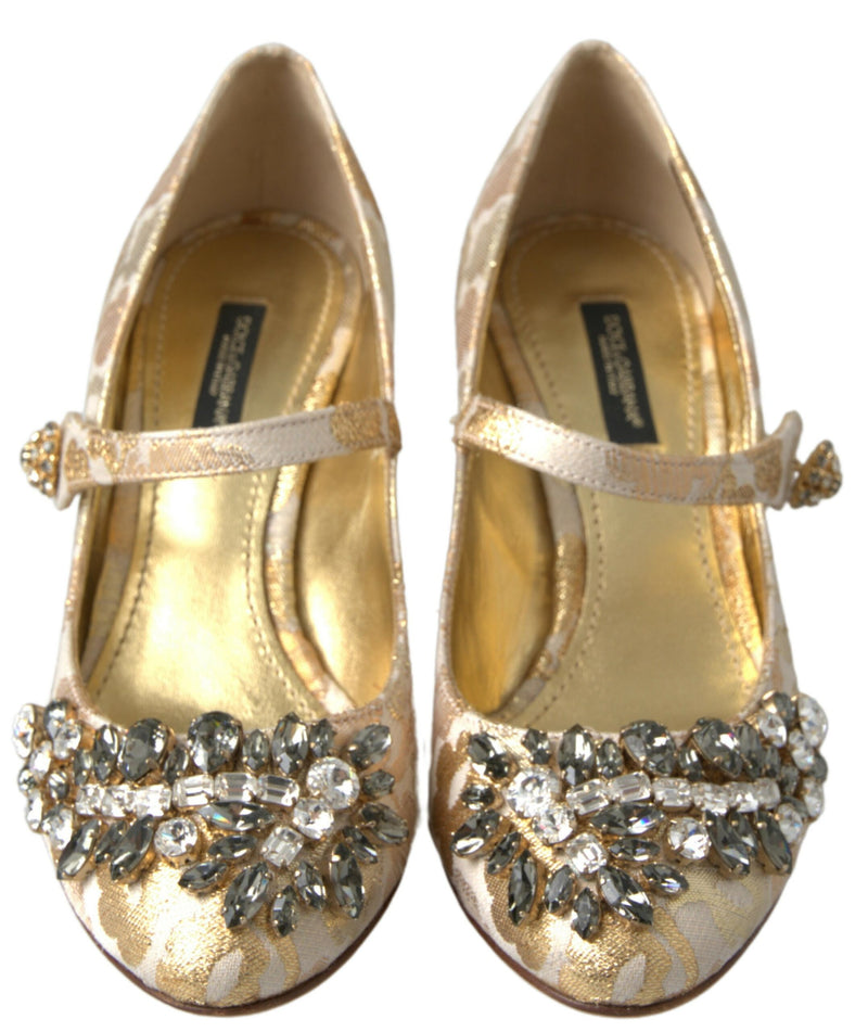 Gold Brocade Crystal Block Heel Sandals Shoes