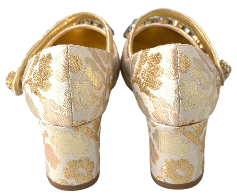 Gold Brocade Crystal Block Heel Sandals Shoes