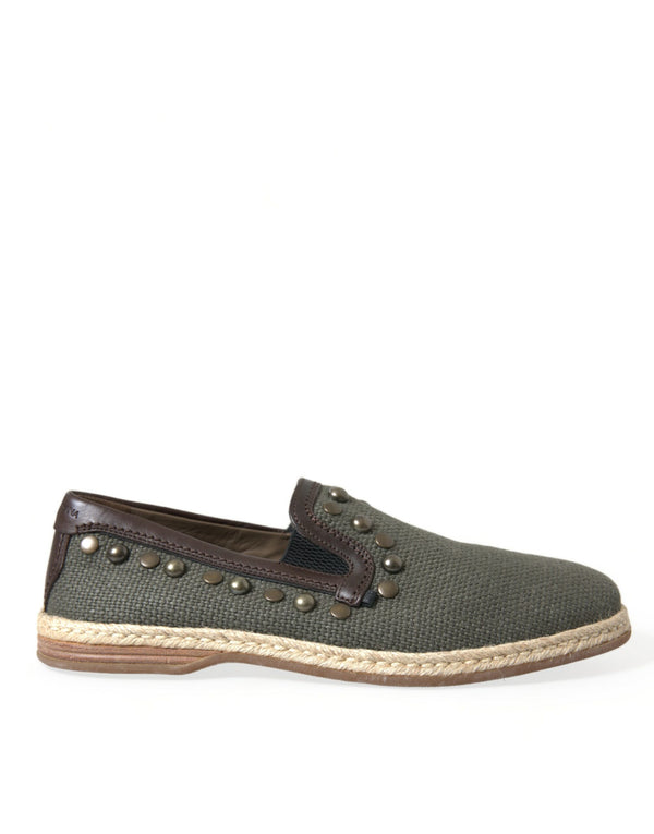 Gray Linen Leather Studded Loafers Shoes