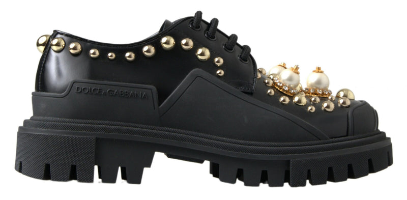 Black Leather Faux Pearl Studded Dress Shoes