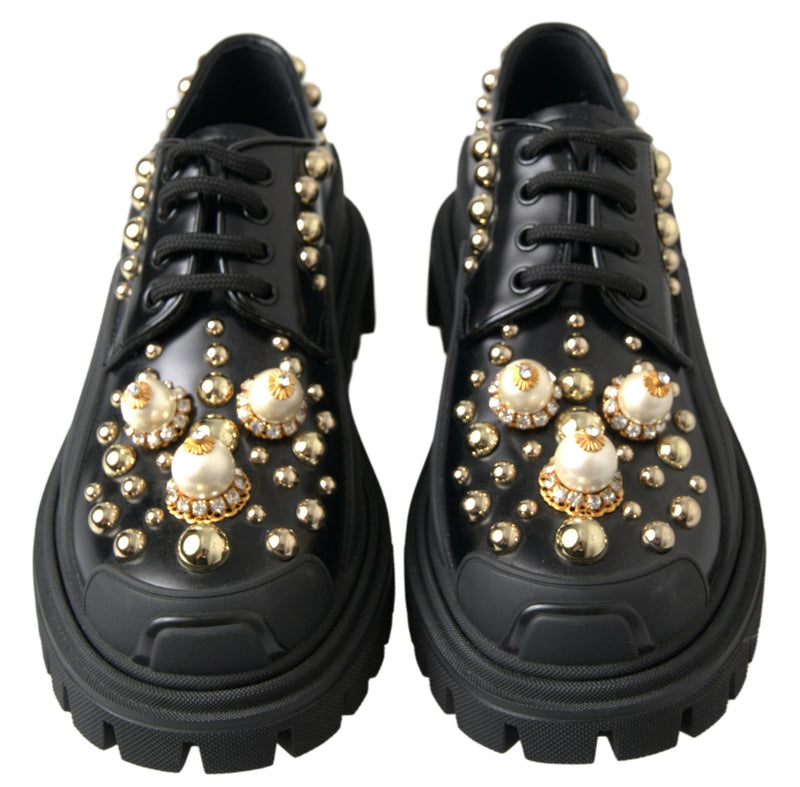 Black Leather Faux Pearl Studded Dress Shoes