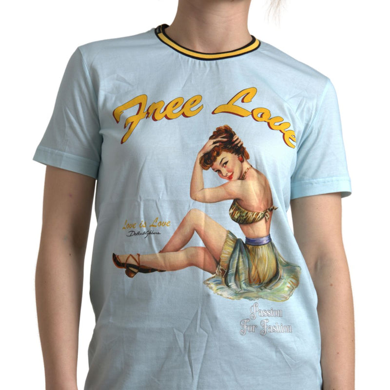 Light Blue Cotton Free Love Crew Neck T-shirt