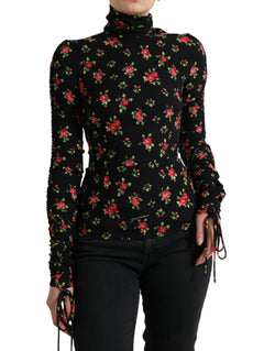 Black Rose Print Turtle Neck Blouse Top