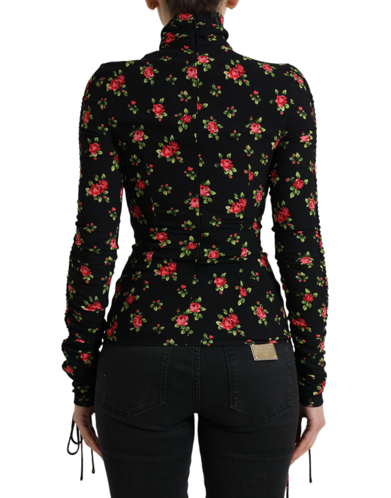 Black Rose Print Turtle Neck Blouse Top