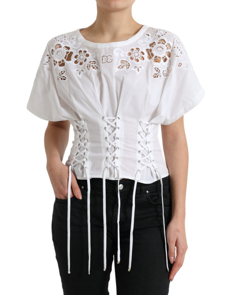 White Cotton Floral Cut Out Blouse Top