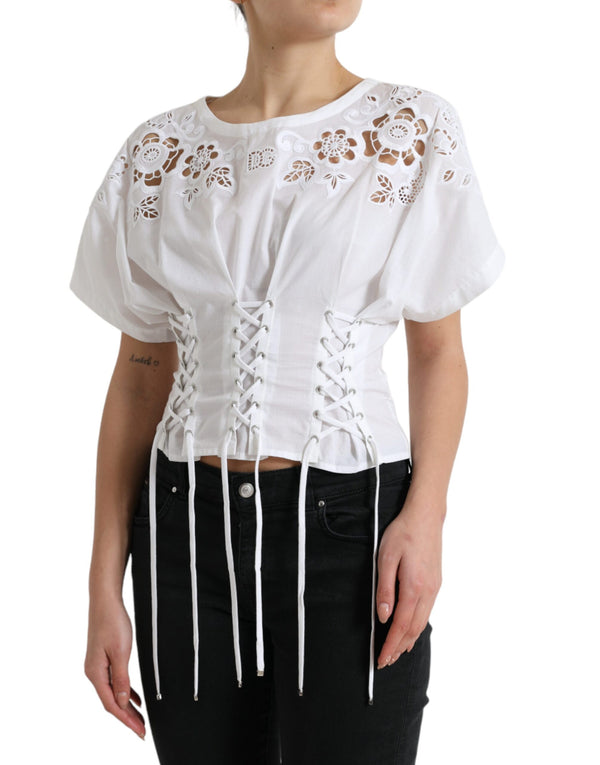 White Cotton Floral Cut Out Blouse Top