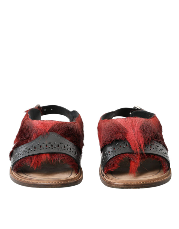 Red Black Fur Sandals Flats Slippers Shoes