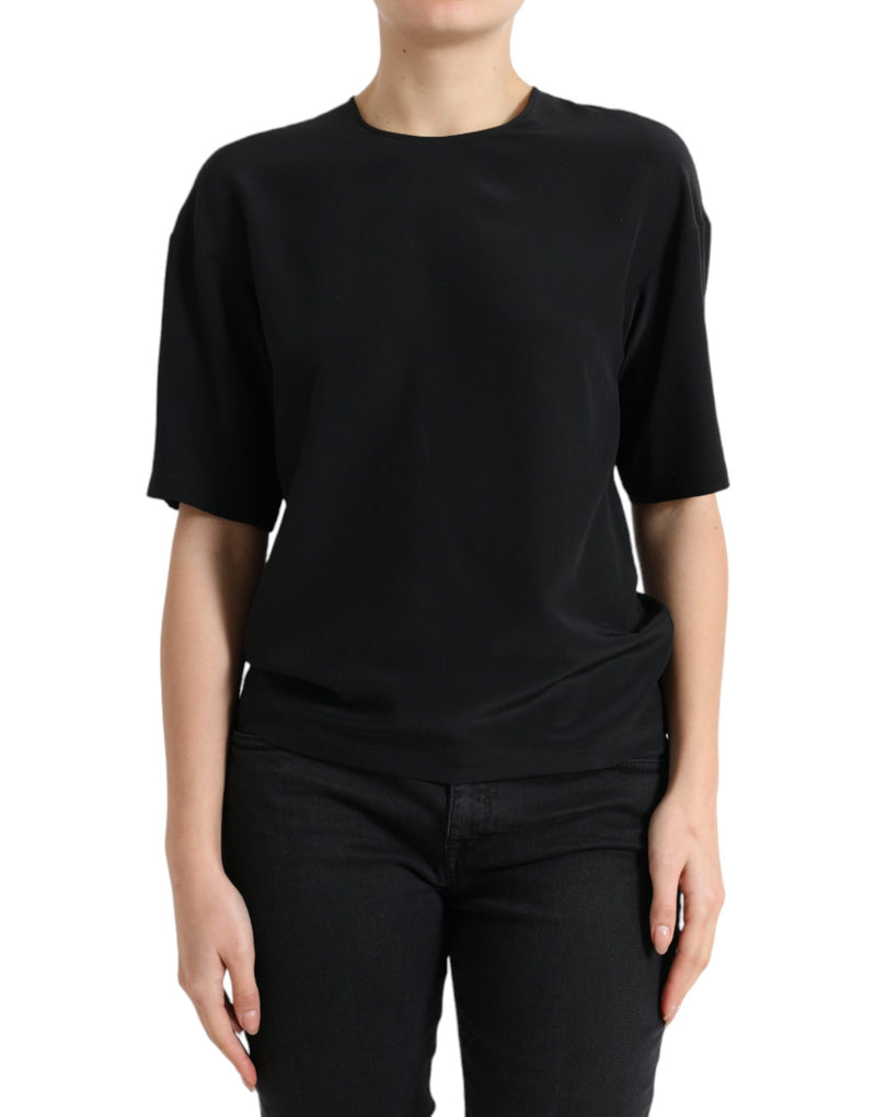 Black Silk Round Neck Short Sleeve Blouse Top