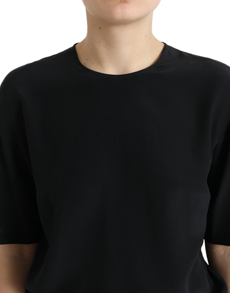 Black Silk Round Neck Short Sleeve Blouse Top