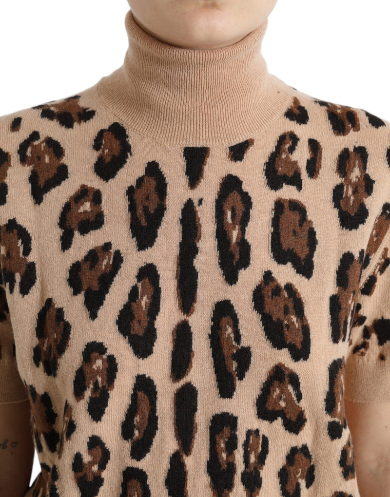 Beige Leopard Print Wool Turtleneck Top