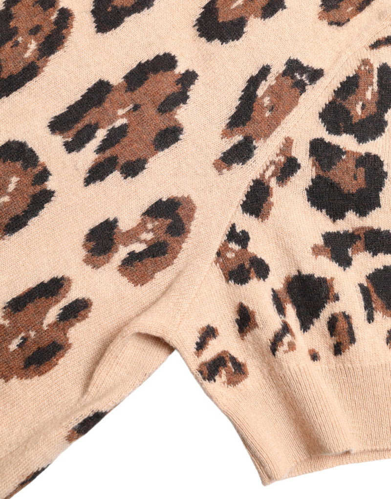 Beige Leopard Print Wool Turtleneck Top