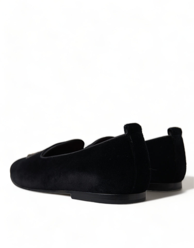 Black Velvet Crystal Crown Loafers Dress Shoes