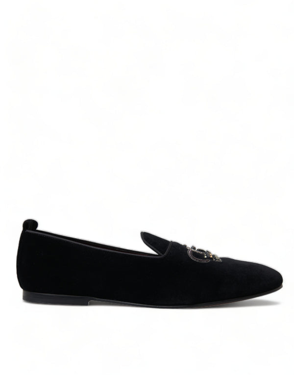 Black Velvet Crystal Crown Loafers Dress Shoes