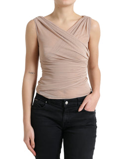 Beige Viscose V-neck Sleeveless Tank Top