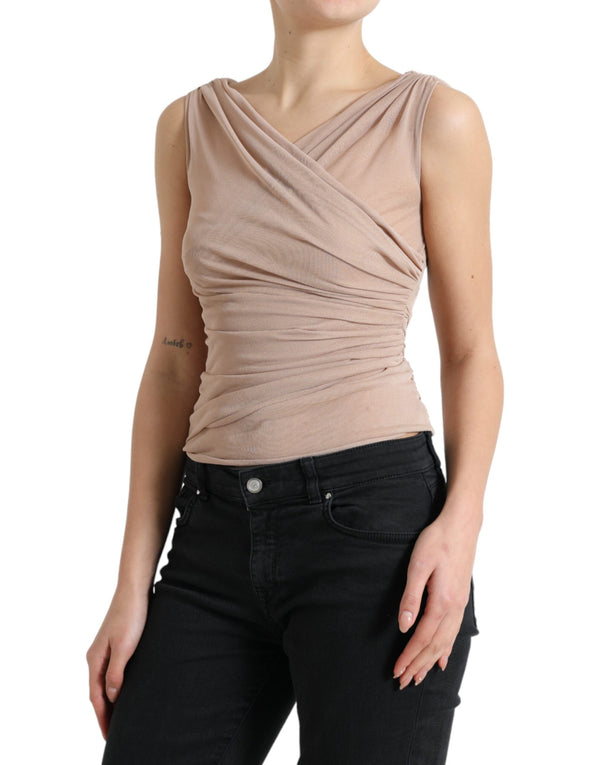 Beige Viscose V-neck Sleeveless Tank Top