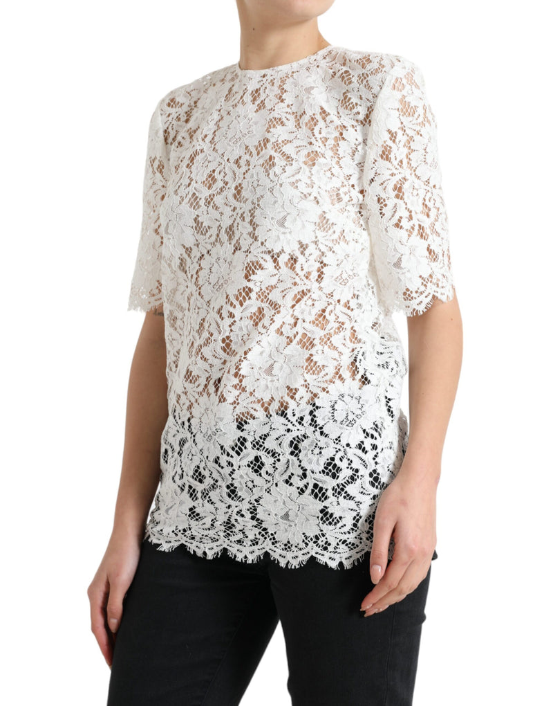 White Floral Lace Cotton Round Neck Blouse Top