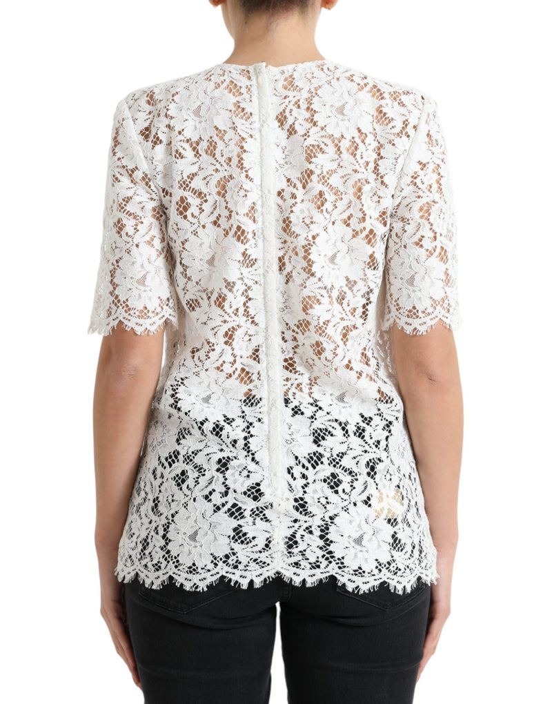 White Floral Lace Cotton Round Neck Blouse Top