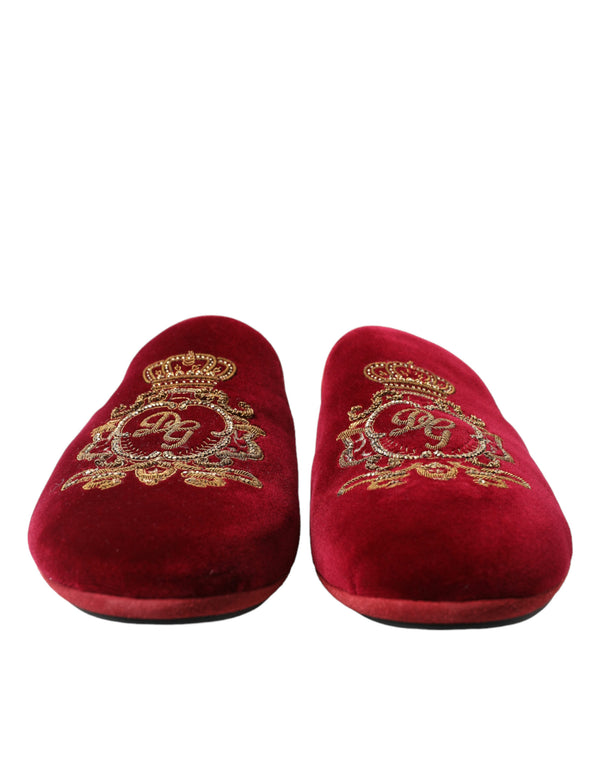 Bordeaux Velvet Gold Crown Embroidery Slides Shoes